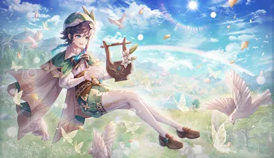Bright Venti Wallpaper Games Wallpaper 4K 2000x1148 Venti, (genshin, Impact), Reclining, On, A, Grassy, Hill, Playing, His, White, Ultrawide, Full HD