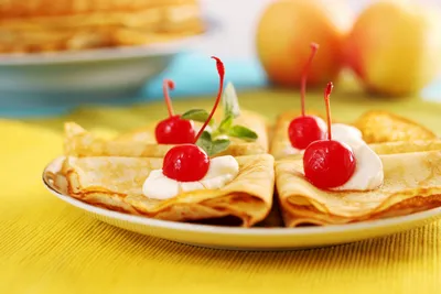 Dark Close Wallpaper Abstract Wallpaper 4K 6496x4331 Close-up, Of, Cream-topped, Crêpes, Garnished, With, Bright, Red, Pes, Cherries, Fresh, Mint, Yellow, White, Landscape, 4k