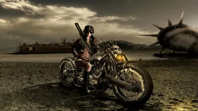 Post Apocalyptic Sci Ghostly Nature Wallpaper 4K 3840x2160 A, Post-apocalyptic, Sci‑fi, Scene, With, Ghostly, Figure, Spiked, Motorcycle, Desert, Set, Against, Gray, Ultrawide, 4k