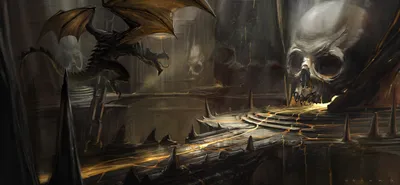 Dark Fantasy Menacing Fantasy Wallpaper 4K 3200x1483 A, Dark, Fantasy, Scene, Featuring, Menacing, Dragon, Massive, Skulls, Set, Against, Haunting, Gray, Brown, Ultrawide, QHD