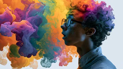 Profile Person Glasses Abstract Wallpaper 4K 2944x1648 Profile, Of, A, Person, With, Glasses, Exhaling, Vivid, Swirling, Rainbow, Clouds, Vibrant, White, Ultrawide, QHD