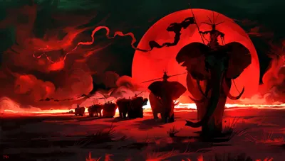Moody Fantasy Wallpaper Animals Wallpaper 4K 3840x2179 Hd, Fantasy, Wallpaper, Featuring, A, Line, Of, Elephants, Dark, Landscape, Set, Against, Red, Ultrawide, 4K