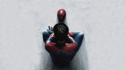 Comic Spider Man Nature Wallpaper 4K 3840x2160 Comic, Spider-man, In, Red-and-blue, Suit, Seen, From, Above, Seated, Facing, His, Mask, White, Ultrawide, 4k