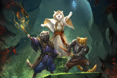 Bright Fantasy Wallpaper Animals Wallpaper 4K 1625x1080 Fantasy-themed, Hd, Pc, Wallpaper, Featuring, Three, Anthropomorphic, Cats, Mystical, Robes, Armor, Poised, Brown, Gray, Ultrawide