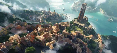 Aerial Sunlit Fantasy City Winding Fantasy Wallpaper 4K 3840x1737 Aerial, View, Of, A, Sunlit, Fantasy, City, By, Winding, Bay, Terracotta, Roofs, White, Gray, Ultrawide, 4K