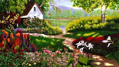 Radiant Artistic Wallpaper Nature Wallpaper 4K 1920x1080 Hd, Artistic, Painting, Of, A, Spring, Landscape, Featuring, House, Lake, Surrounded, Vibrant, White, Ultrawide, Full HD