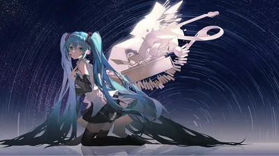 Serene Hatsune Wallpaper Space Wallpaper 4K 1920x1080 Hd, Pc, Desktop, Wallpaper, Featuring, Hatsune, Miku, With, Flowing, Teal, Hair, Kneeling, Black, Ultrawide, Full HD