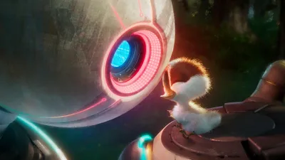 Charming Movie Wild Robot Technology Wallpaper 4K 3840x2160 A, Charming, Scene, From, The, Movie, Wild, Robot, Featuring, Fluffy, Chick, Interacting, Pink, Gray, Ultrawide, 4K