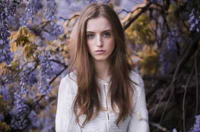 Brunette Model Blue Eyes Nature Wallpaper 4K 5250x3448 Brunette, Model, With, Blue, Eyes, Stands, Among, Purple, Flowers, Soft, Bokeh, Ultra, White, Ultrawide, 4k