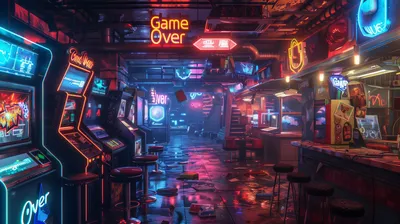 Retro Themed Arcade Bar Neon Games Wallpaper 4K 2912x1632 Hd, Wallpaper:, Of, A, Retro-themed, Arcade, Bar, With, Neon, Lights, Game, Over, Brown, Pink, Ultrawide, QHD