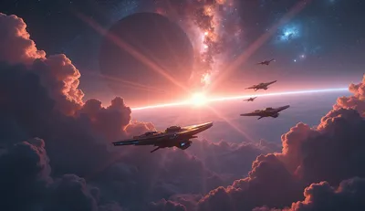 Sci Spaceships Cruising Space Wallpaper 4K 2048x1184 Sci-fi, Spaceships, Cruising, Above, A, Glowing, Cloudscape, Toward, Distant, Planet, Starfield, Desktop, Brown, Gray, Ultrawide, Full HD