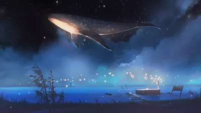 Anime Fantastical Glowing Whale Space Wallpaper 4K 1922x1080 Hd, Anime-style, Wallpaper, Featuring, A, Fantastical, Scene, Of, Glowing, Whale, Soaring, Over, Brown, Pink, Ultrawide, Full HD