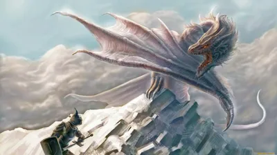 Powerful Dragon Looms Fantasy Wallpaper 4K 2144x1206 A, Powerful, Dragon, Looms, Over, Warrior, On, Rocky, Peak, Surrounded, Swirling, Clouds, White, Gray, Ultrawide, Full HD