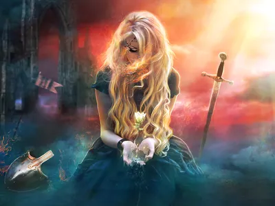 Moody Blonde Wallpaper Fantasy Wallpaper 4K 1630x1223 A, Blonde, Woman, With, Flowing, Hair, Sits, In, Fantasy, Landscape, Holding, Magical, White