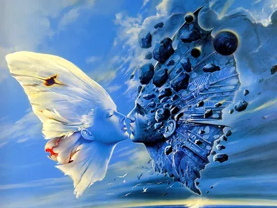 Artistic Fantasy Portrays Kiss Between Fantasy Wallpaper 4K 2098x1573 An, Artistic, Fantasy, Scene, Portrays, A, Kiss, Between, Human, Ethereal, Figure, Blended, Pink, Gray, Landscape, Full HD