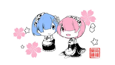 Chibi Ram Rem Zero Space Wallpaper 4K 1920x1080 Chibi-style, Ram, And, Rem, From, Re:zero, Surrounded, By, Zero, Pink, Cherry, Blossoms, White, Ultrawide, Full HD