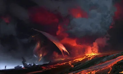 Dark Fantasy Landscape Fiery Fantasy Wallpaper 4K 1920x1160 A, Dark, Fantasy, Landscape, With, Fiery, Lava, Flow, Under, Smoky, Cloud-filled, Skies, Brown, Ultrawide, Full HD
