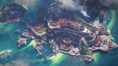 Radiant Aerial Wallpaper World Wallpaper 4K 2900x1631 Aerial, View, Of, A, Walled, Fantasy, City, Island, Red-tiled, Roofs, Towers, Lighthouses, Brown, Gray, Ultrawide, QHD
