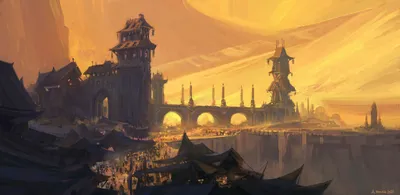 Golden Hued Fantasy City Towering World Wallpaper 4K 2500x1223 Hd, Pc, Desktop, Wallpaper, A, Golden-hued, Fantasy, City, Towering, Spires, Arched, Bridge, Orange, Purple, Ultrawide, Full HD