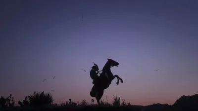 Moody Silhouette Wallpaper Animals Wallpaper 4K 3840x2160 Silhouette, Of, Arthur, Morgan, On, Horseback, At, Night, Set, Against, Twilight, Sky, Gray, Brown, Ultrawide, 4k