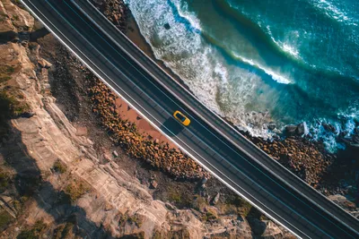 Bright Aerial Wallpaper Cars Wallpaper 4K 3465x2308 Aerial, Hd, Photography, Of, A, Yellow, Car, Driving, Along, Coastal, Highway;, Beside, Gray, Ultrawide, QHD