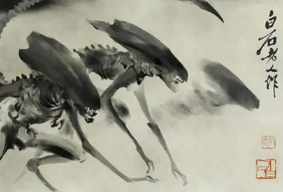 Sci Two Alien Creatures Abstract Wallpaper 4K 1349x918 Hd, Sci‑fi, Pc, Desktop, Wallpaper, Featuring, Two, Alien, Creatures, Rendered, Ink, Wash, Gray, Landscape