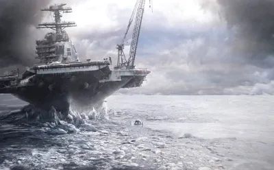 Sci Post Apocalyptic Nature Wallpaper 4K 1920x1192 A, Sci‑fi, Post-apocalyptic, Scene, Featuring, Large, Aircraft, Carrier, Ship, Stranded, Cracked, *ice, White, Gray, Ultrawide, Full HD
