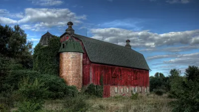 Vibrant Red Barn Nature Wallpaper 4K 1920x1080 A, Vibrant, Red, Barn, Stands, Amidst, Lush, Greenery, Under, Dramatic, Sky, Showcasing, Brown, Ultrawide, Full HD