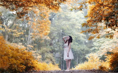 Woman White Dress Stands Nature Wallpaper 4K 1920x1200 A, Woman, In, White, Dress, Stands, Among, Vibrant, Autumn, Foliage, Creating, Serene, Gray, Ultrawide, Full HD
