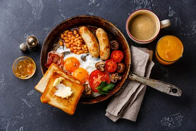 Golden Beautifully Wallpaper Black/Dark Wallpaper 4K 1920x1290 A, Beautifully, Arranged, Breakfast, Spread, Featuring, Toast, Eggs, Sausages, Baked, Beans, Tomatoes, Gray, Landscape, Full HD