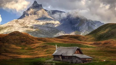 Man Cabin Dramatic Mountain Nature Wallpaper 4K 3840x2160 4k, Ultra, Hd, Pc, Wallpaper, Of, A, Man-made, Cabin, Set, Against, Dramatic, Gray, Ultrawide