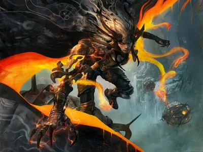 Bold Dark Wallpaper Fantasy Wallpaper 4K 1920x1440 Hd, Pc, Desktop, Wallpaper, A, Dark, Horned, Demon, Wreathed, Fiery, Orange, Ribbons, Gray, Landscape, Full HD