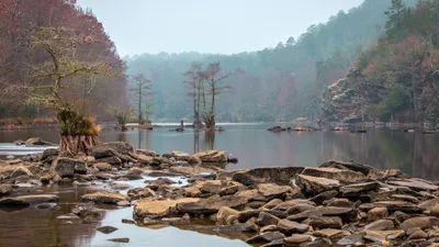 Serene Lake Surrounded Forested Nature Wallpaper 4K 3840x2160 Hd, Wallpaper:, Of, A, Serene, Lake, Surrounded, By, Forested, Hills, Featuring, Rocky, White, Ultrawide, 4k