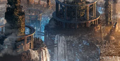 Crisp Sci Wallpaper World Wallpaper 4K 3840x1956 Sci-fi, Cityscape, With, Towering, Circular, Mega-structures, Cascading, Waterfalls, Neon, Blue, Lights, Quad, Brown, Gray, Ultrawide, 4K