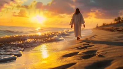 Golden Figure Wallpaper Nature Wallpaper 4K 2912x1632 Hd, Desktop, Wallpaper:, Featuring, A, Figure, Resembling, Jesus, Walking, Sandy, Beach, Sunset, Gray, Purple, Orange, Ultrawide, QHD