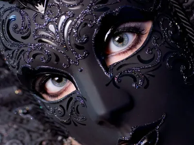 Close Person Wearing Ornate Black/Dark Wallpaper 4K 1920x1440 A, Close-up, Of, Person, Wearing, An, Ornate, Black, Mask, Intricate, Designs, Highlighting, Gray, White, Landscape, Full HD