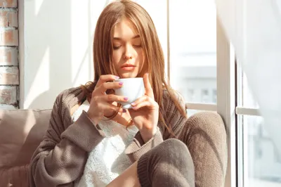 Woman Long Hair Wearing Cozy Abstract Wallpaper 4K 4000x2666 A, Woman, With, Long, Hair, Wearing, Cozy, Sweater, Sits, Window, Holding, Cup, White, Ultrawide, 4k