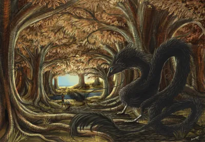 Fantasy Forest Fall Twisted Fantasy Wallpaper 4K 7200x5000 A, Fantasy, Forest, Scene, In, Fall, With, Twisted, Tree, Bridge, Dog, Large, Brown, Landscape, 4k