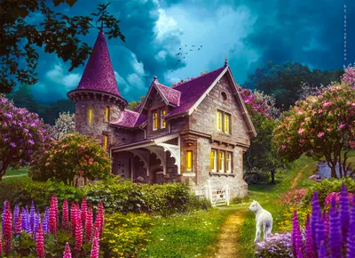 Bold Artistic Wallpaper Nature Wallpaper 4K 1920x1391 Artistic, Hd, Pc, Desktop, Wallpaper, Fantasy, Scene, Of, Purple-roofed, Stone, House, Among, Brown, Landscape, Full HD