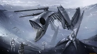 Bright Dark Wallpaper Animals Wallpaper 4K 1920x1080 A, Dark, Sci‑fi, Robot, Fish, With, Sharp, Teeth, Mechanical, Wings, Hovers, Menacingly, Gray, Ultrawide, Full HD