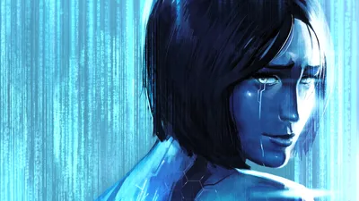 Cortana Halo Gazes Games Wallpaper 4K 2700x1519 Cortana, From, Halo, Gazes, Thoughtfully, Against, A, Textured, Blue, Embodying, Essence, Iconic, Gray, Yellow, Ultrawide, QHD