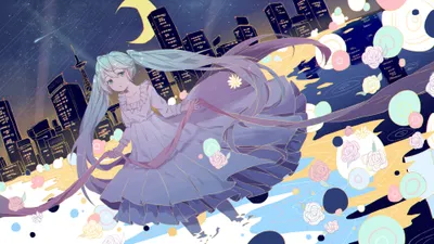 Crisp Hatsune Wallpaper World Wallpaper 4K 3840x2160 Hatsune, Miku, Vocaloid, Anime, Portrait, In, Flowing, Gown, Ribbons, Pastel, Roses, White, Gray, Pink, Ultrawide, 4k
