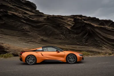 Bold Orange Wallpaper Cars Wallpaper 4K 4096x2731 Orange, Bmw, I8, Supercar, Parked, On, A, Coastal, Road, Beside, Layered, Rock, Gray, Landscape, 4k