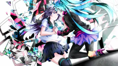 Misty Hatsune Wallpaper Abstract Wallpaper 4K 1920x1080 Hd, Pc, Wallpaper, Of, Hatsune, Miku, And, A, Purple-haired, Anime, Girl, Clasping, White, Ultrawide, Full HD
