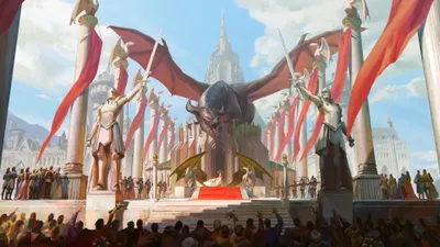Calm Majestic Wallpaper Fantasy Wallpaper 4K 3840x2160 A, Majestic, Fantasy, Dragon, Perched, Before, Grand, Castle, Surrounded, Armored, Knights, Waving, White, Ultrawide, 4k