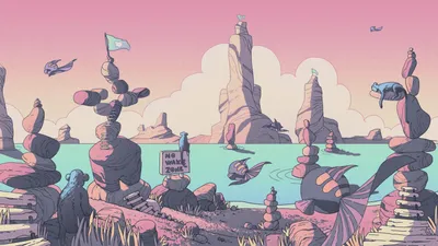 Digital Art Painting Animals Wallpaper 4K 3000x1688 Digital, Art, Painting, Illustration, Artwork, Landscape, Pastel, Coastal, Scene, Stacked, Stones, White, Pink, Gray, Ultrawide, QHD