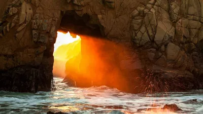 Golden Sunbeam Wallpaper Nature Wallpaper 4K 2500x1407 A, Stunning, Sunbeam, Streams, Through, Rocky, Arch, Along, Coastline, Casting, Warm, Glow, White, Purple, Brown, Ultrawide, Full HD