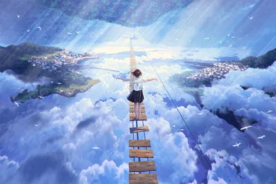 Epic Anime Wallpaper Nature Wallpaper 4K 2620x1746 Anime, Girl, Stands, On, A, Floating, Wooden, Bridge, Above, Clouds, Overlooking, Island, White, Ultrawide, QHD