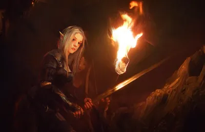 Fierce Female Elf Warrior Fantasy Wallpaper 4K 1920x1245 A, Fierce, Female, Elf, Warrior, Holds, Sword, One, Hand, Torch, Other, Illuminating, White, Ultrawide, Full HD