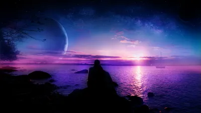 Romantic Fantasy Landscape Silhouette Nature Wallpaper 4K 3840x2160 A, Romantic, Fantasy, Landscape, Features, Silhouette, Of, Person, Ocean, Sunset, Vibrant, Purple, Brown, Gray, Ultrawide, 4K
